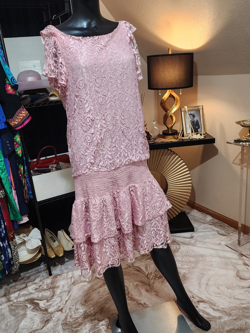 Diamond Supply Co. Blush Pink Lace Tiered Midi Dress